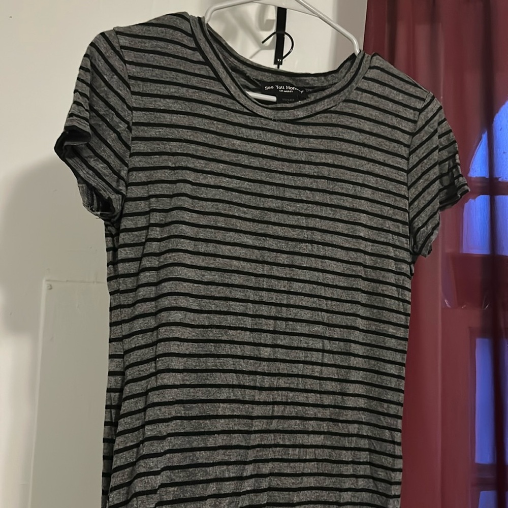 Cute little horizontal, striped, black, and gray dress